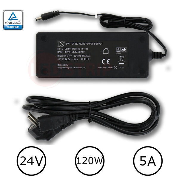DYS LEDstrip voedingsadapter 24V - 5A – 120 Watt - TÜV keurmerk - Efficiëntielevel 5