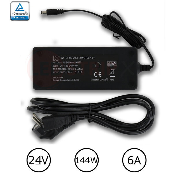 DYS LEDstrip voedingsadapter 24V - 6A – 144 Watt - TÜV keurmerk - Efficiëntielevel 5