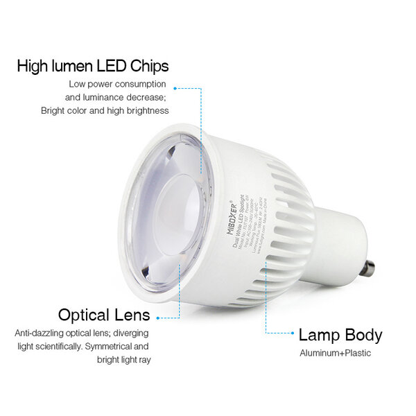 Milight / MiBoxer Dual White LED spot 6W GU10 met diffuse lens FUT107