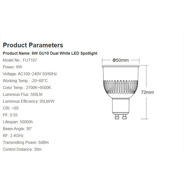 Milight / MiBoxer Dual White LED spot 6W GU10 met diffuse lens FUT107