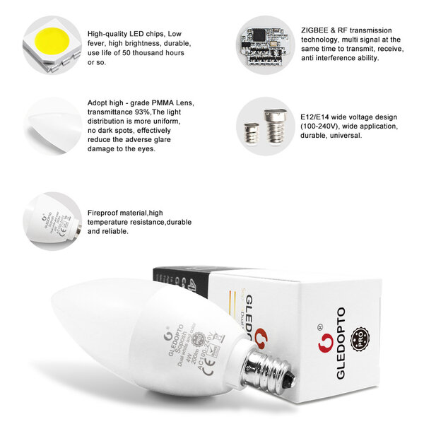 Gledopto Zigbee PRO Color and White 4 Watt E14 Kaars Lamp