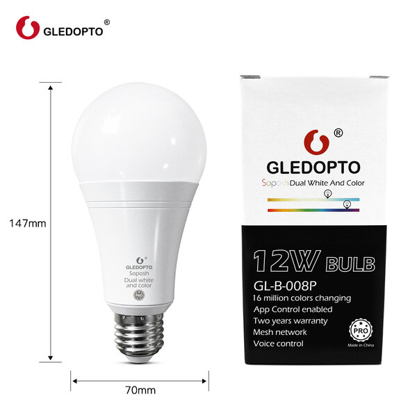 Gledopto Zigbee PRO Color and White 12 Watt E27 Grote Fitting