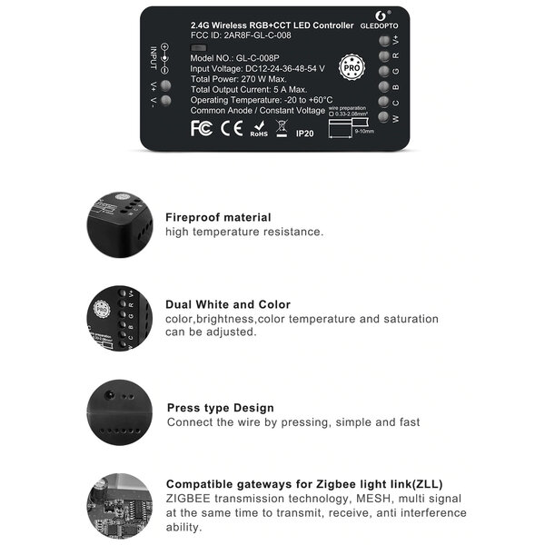 Gledopto Zigbee PRO Color And White  LED Strip Controller 12 ~ 54 Volt