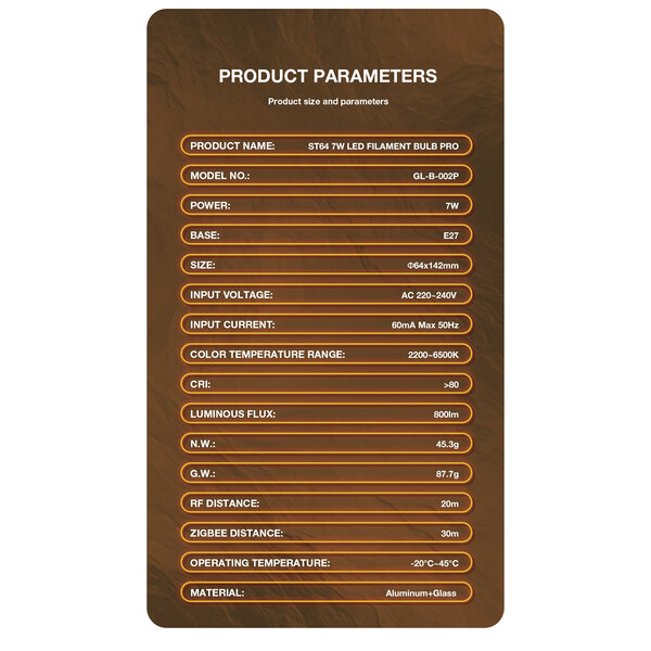 Gledopto Zigbee 3.0 E27 CCT 2200K ~ 6500K LED Filament Lamp 7 Watt ST64