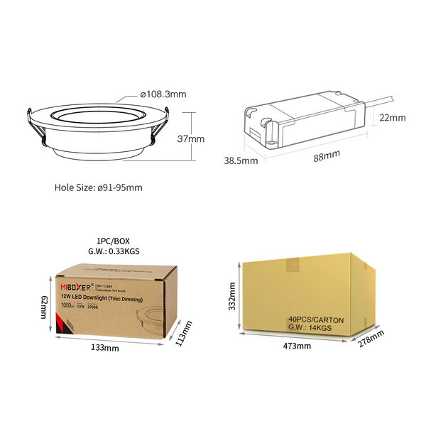 Milight / MiBoxer 12 Watt 230v Triac Dimbare LED Inbouwspot - Warm Wit