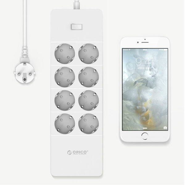 Orico stekkerdoos met acht stopcontacten en vijf USB-laadpoorten -  Incl. aan/uit schakelaar en overspanningsbeveiliging - Wit