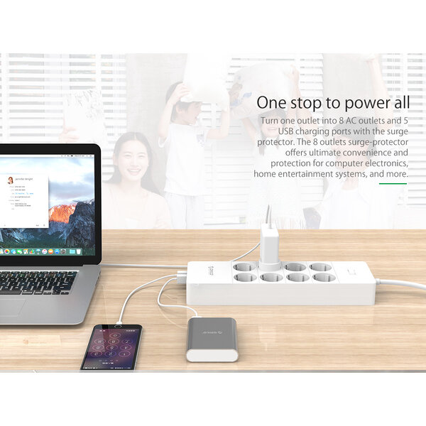 Orico stekkerdoos met acht stopcontacten en vijf USB-laadpoorten -  Incl. aan/uit schakelaar en overspanningsbeveiliging - Wit