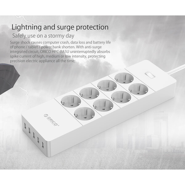 Orico stekkerdoos met acht stopcontacten en vijf USB-laadpoorten -  Incl. aan/uit schakelaar en overspanningsbeveiliging - Wit