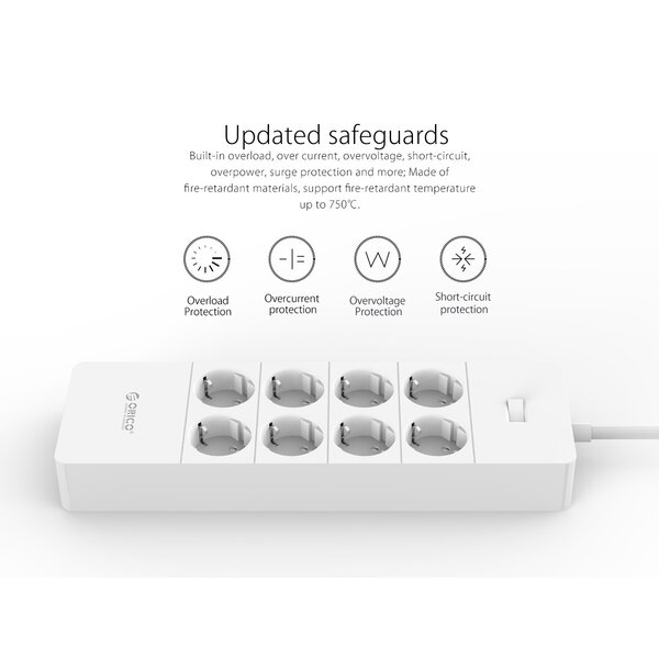 Orico stekkerdoos met acht stopcontacten en vijf USB-laadpoorten -  Incl. aan/uit schakelaar en overspanningsbeveiliging - Wit