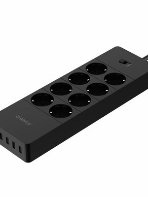 stekkerdoos met acht stopcontacten en vijf USB-laadpoorten - Zwart