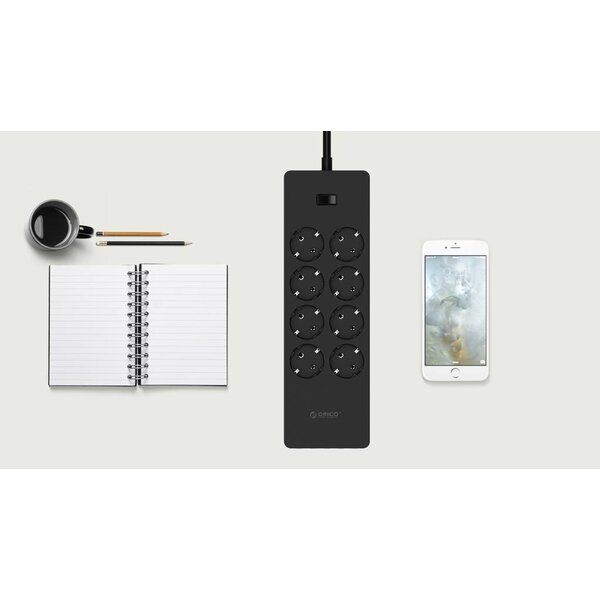 Orico stekkerdoos met acht stopcontacten en vijf USB-laadpoorten -  Incl. aan/uit schakelaar en overspanningsbeveiliging - Zwart