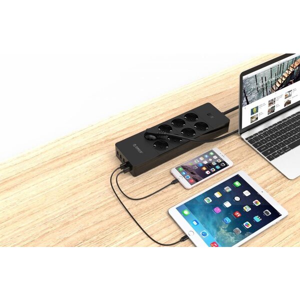 Orico stekkerdoos met acht stopcontacten en vijf USB-laadpoorten -  Incl. aan/uit schakelaar en overspanningsbeveiliging - Zwart