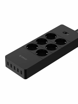 USB stekkerdoos met zes stopcontacten en vijf USB-laadpoorten - Zwart