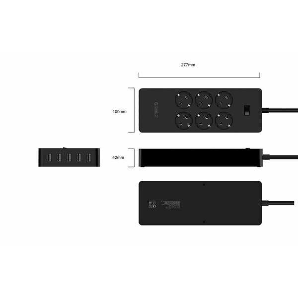 Orico USB stekkerdoos met zes stopcontacten en vijf USB-laadpoorten - Incl. aan/uit schakelaar - Zwart