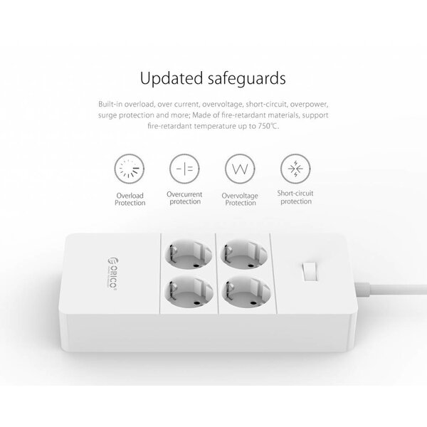 Orico stekkerdoos met vier stopcontacten en vijf USB-laadpoorten - 4000W - Incl. aan/uit schakelaar -  wit