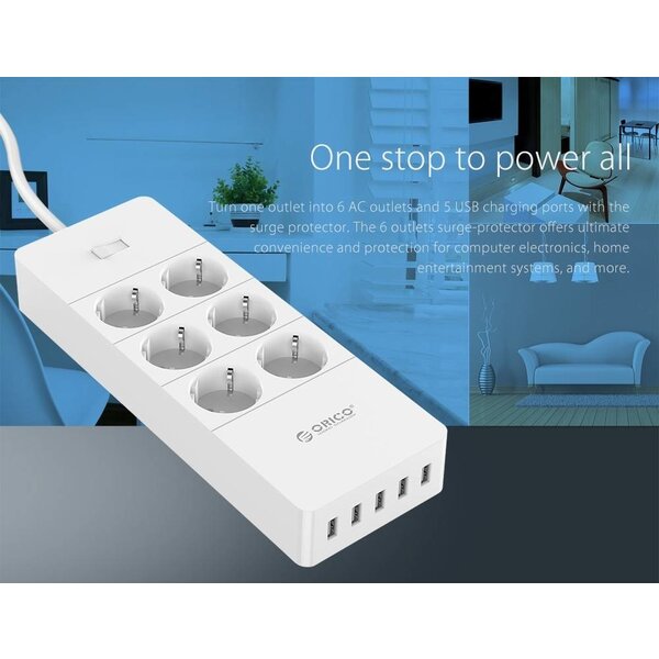 Orico stekkerdoos met zes stopcontacten en vijf USB-laadpoorten - 4000W - Incl. aan/uit schakelaar - wit