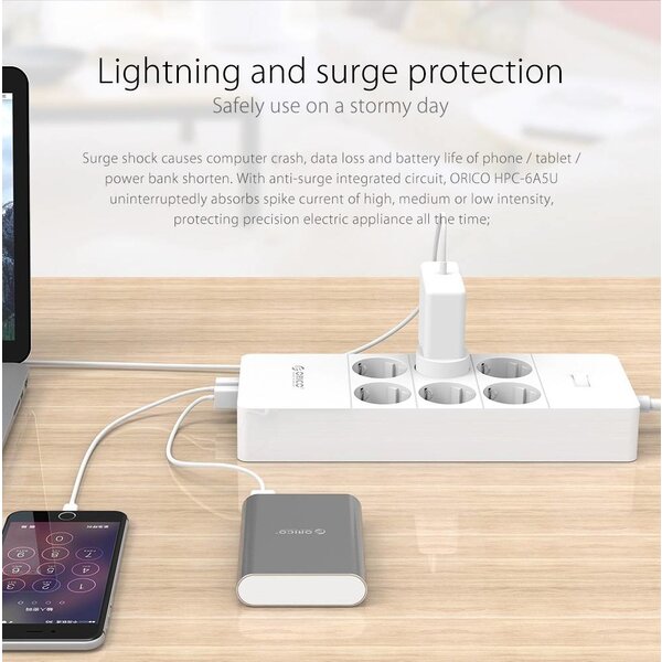Orico stekkerdoos met zes stopcontacten en vijf USB-laadpoorten - 4000W - Incl. aan/uit schakelaar - wit