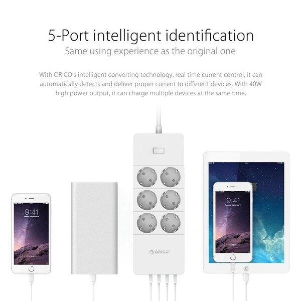 Orico stekkerdoos met zes stopcontacten en vijf USB-laadpoorten - 4000W - Incl. aan/uit schakelaar - wit