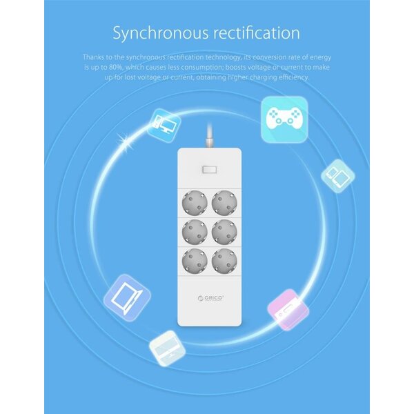 Orico stekkerdoos met zes stopcontacten en vijf USB-laadpoorten - 4000W - Incl. aan/uit schakelaar - wit