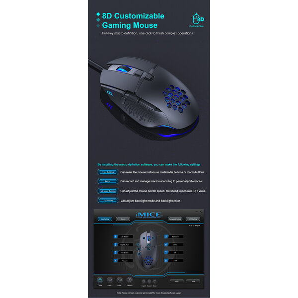 Imice Programmeerbare honeycomb game muis - 8 knoppen - 1200/2400/4800/7200 DPI