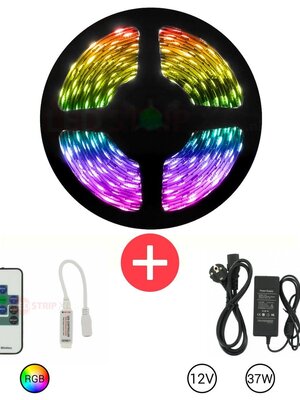 5 Meter RGB LEDstrip set met Afstandsbediening en Stroomadapter