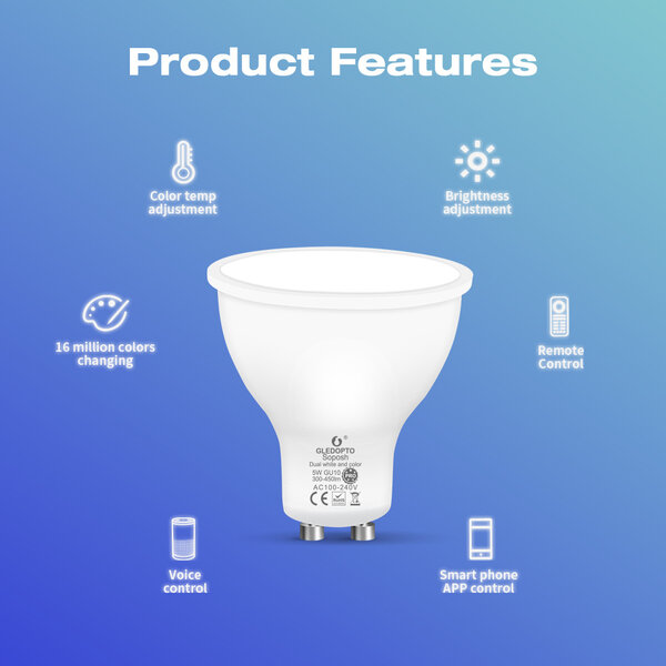 Gledopto Zigbee PRO Color and White 5 Watt GU10 Spot 120° lens