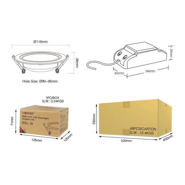 Milight / MiBoxer RGB+CCT Downlight - 6 Watt - Zigbee 3.0 en RF 2.4Ghz