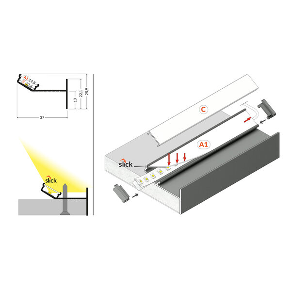 Topmet Gipsplaten Stuc Profiel voor Indirecte verlichting Glow Up 12mm binnenmaat