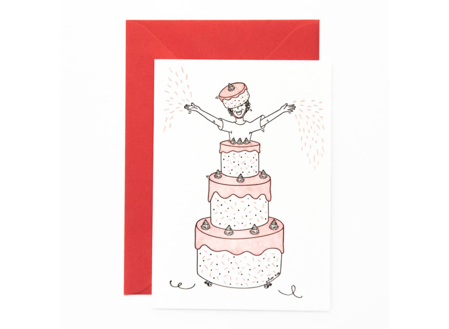 wenskaart - jumping out of a cake
