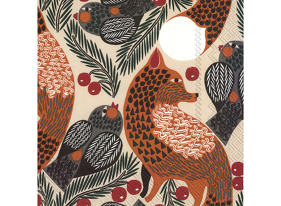 servet - lunch - 33cm x 33cm - linen / fox & birds