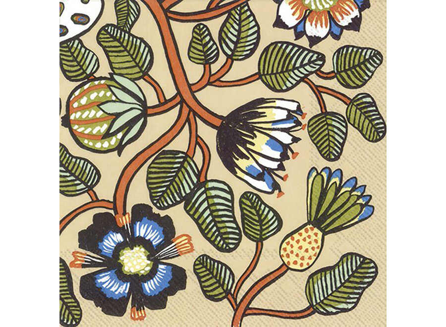 servet - cocktail - 25cm x 25cm - cream / flowers & branches