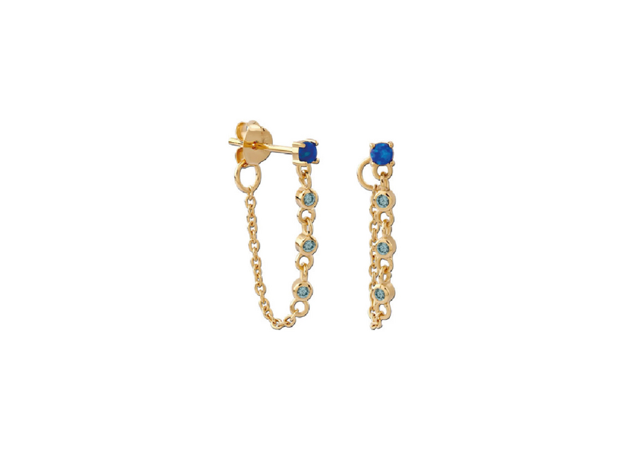 oorsteker - blue gem chain - verguld
