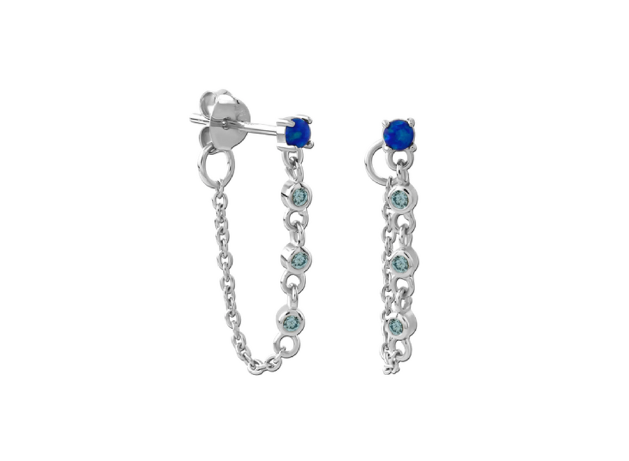 oorsteker - blue gem chain - zilver