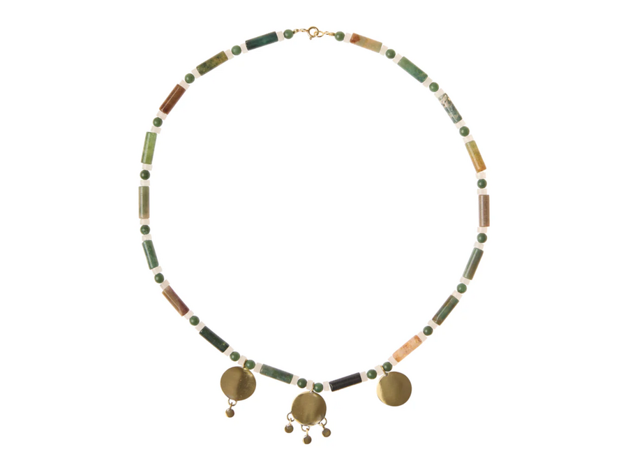 halsketting - multi coin green gem - verguld