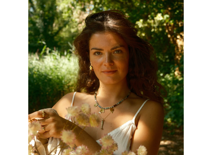 halsketting - multi coin green gem - verguld