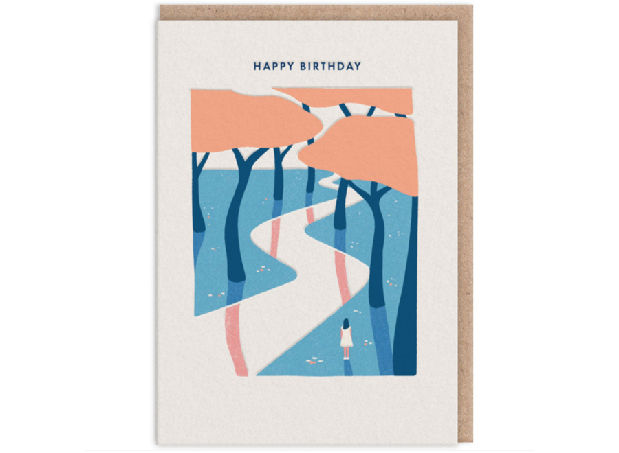 wenskaart - happy birthday / girl blossom trees