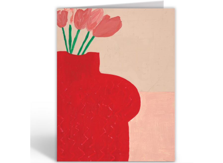 wenskaart - red bust vase / tulips