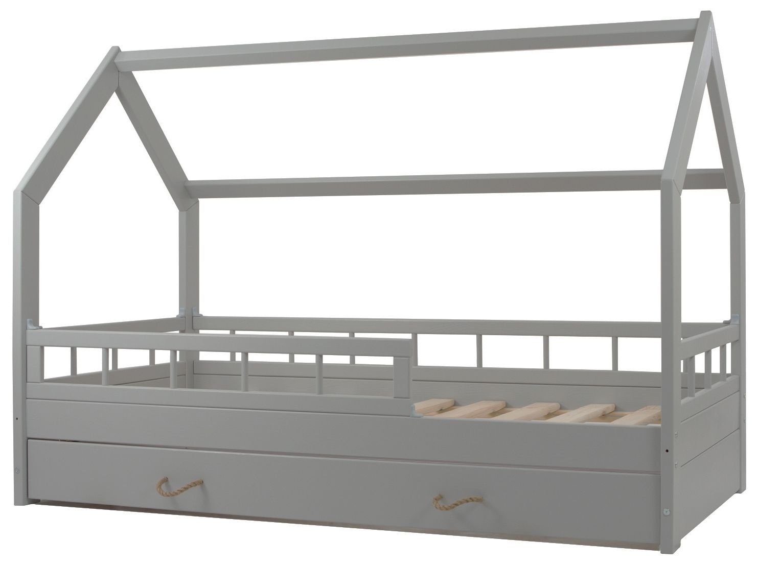 Solid Wood Children's Bed - Scandinavian Style - House Bed - 160x80cm - With Barriers - Grey