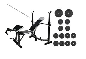 Fitnessbænk med vægte og vægtstang - kombinationspakke 60 kg