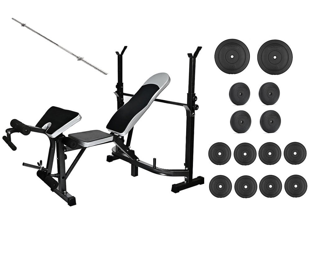 Weight bench fitness with weights and barbell - combination set 60 kg