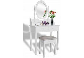 Konsolbord med spejl og skammel - makeuptabel - 74x143cm - hvid