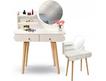 Makeup bord - rundt spejl - makeup bord - 80x40x122 cm - hvid