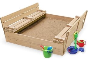 Sandkasse med låg & sæde - foldbart låg - 120 x 120 cm