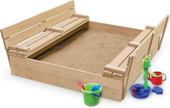 Sandkasse med låg & sæde - foldbart låg - 120 x 120 cm