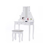 Træ makeup bord - med skuffe - spejl - LED - skammel - 147x80x40cm