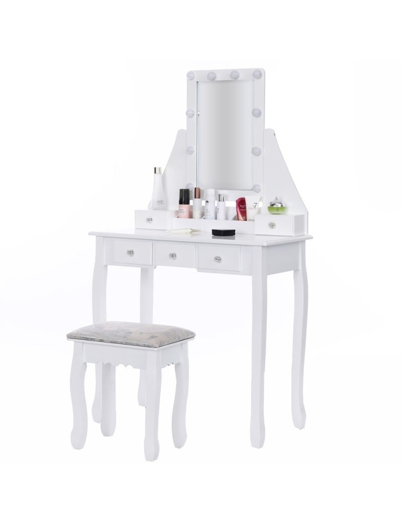 Trä sminkbord - med låda - spegel - LED - pall - 147x80x40cm