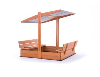 Sandbox - træ - med tag og bænke - 120x120 cm - grå