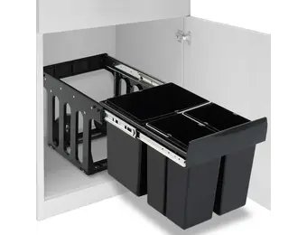 Poubelle Intégrée Extensible 48L Noir ABS/PP - 3 Compartiments avec Fermeture Douce