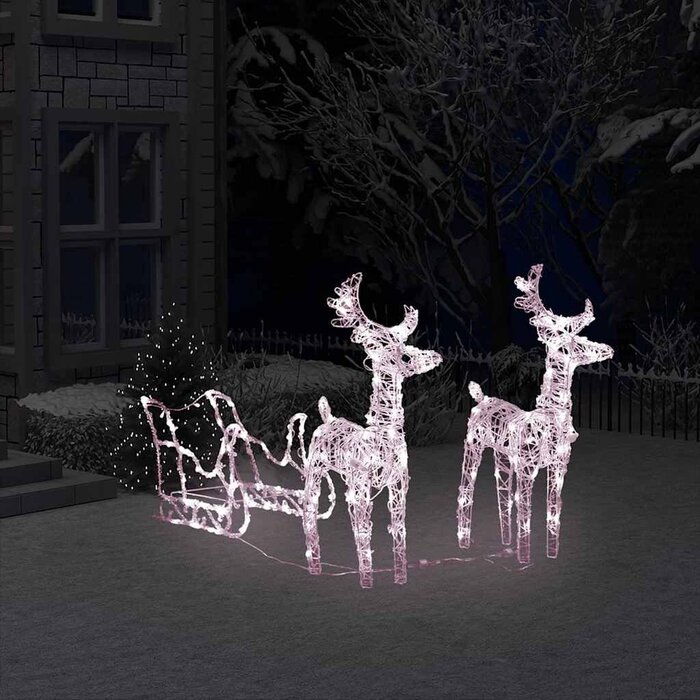 Lot de 2 rennes de Noël et traîneau lumineux LED blanc chaud, acrylique 130cm