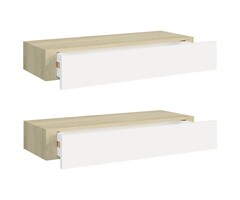 Étagères Murales avec Tiroir (x2) - 60x23.5x10 cm - MDF Chêne & Blanc